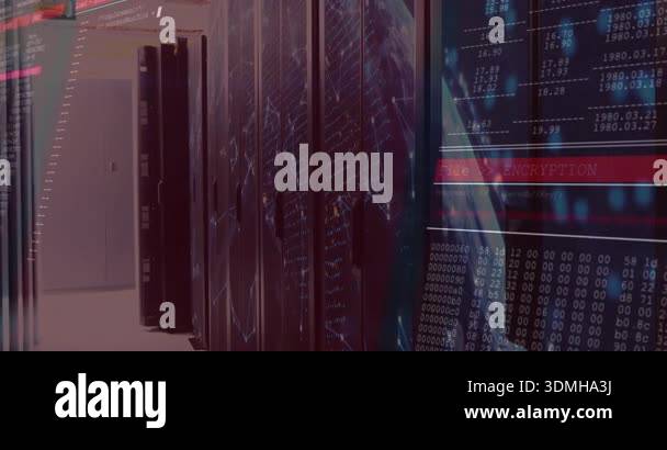 Translucent red overlay tinting corridor initiating encryption code ...