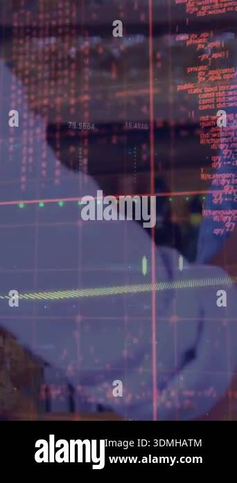 Animation of digital programming data, grid pattern and line graph over ...