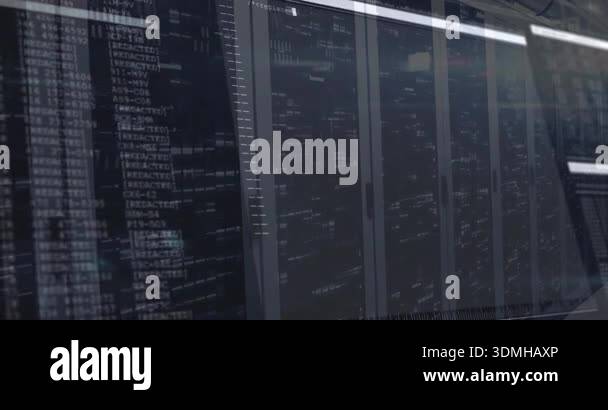 Camera panning along server racks initiating overlay fade showing code ...