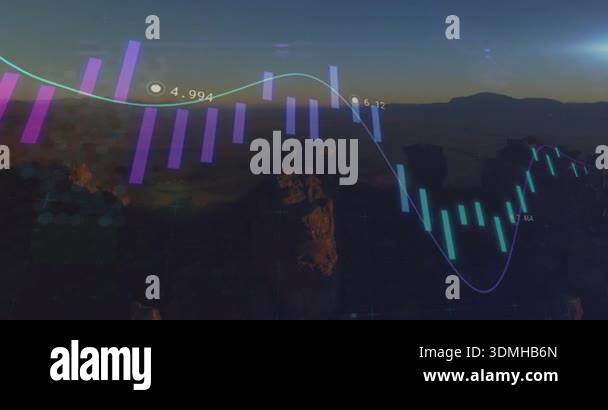 Fading in over mountains candlestick bars and line graph moving over ...