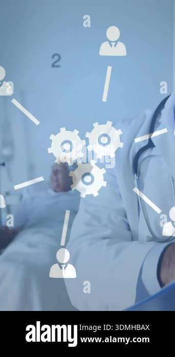 Doctor writing notes with medical icons and technology animation over ...