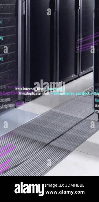 Animation of multicolored computer language over data server racks in ...