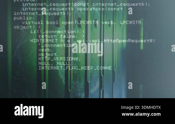On startup C++ code scrolling over green bars background showing ...