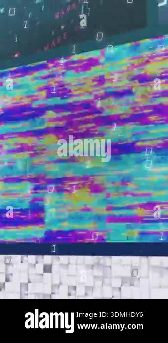Overlaying binary code, colorful digital patterns creating animation on ...