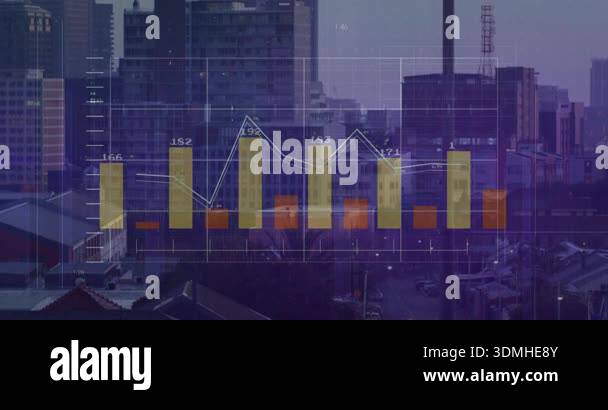 Grid overlay fading over dusk skyline, bars rising and falling, line ...