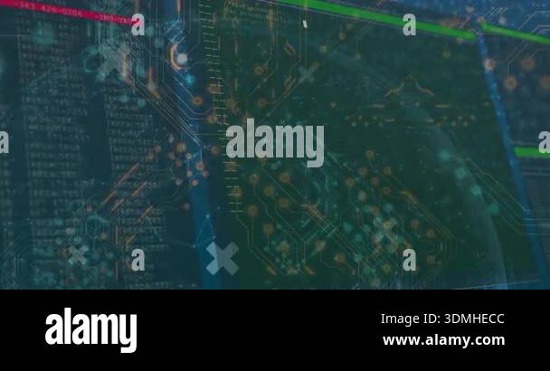 Pulsing nodes building network, globe emerging, bars sliding, code ...