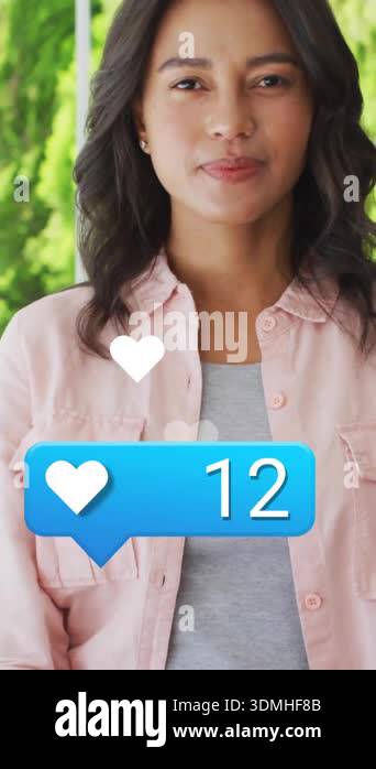 Smiling woman receiving social media likes animation over green ...