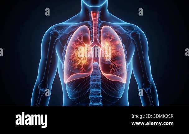 Detailed illustration of human body with glowing lungs and respiratory ...
