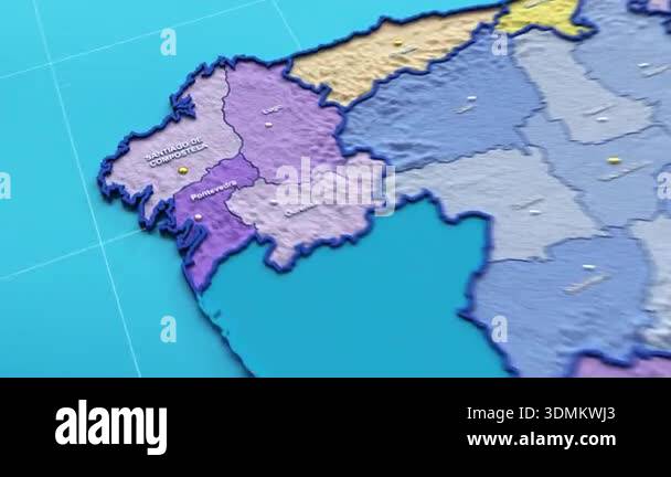 3D animation of a map of Spain zooming into the Galicia region. 4k ...