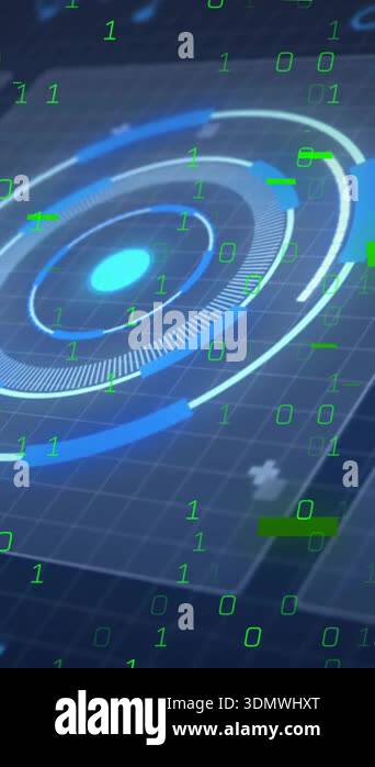 Digital binary code and futuristic target interface animation over grid ...
