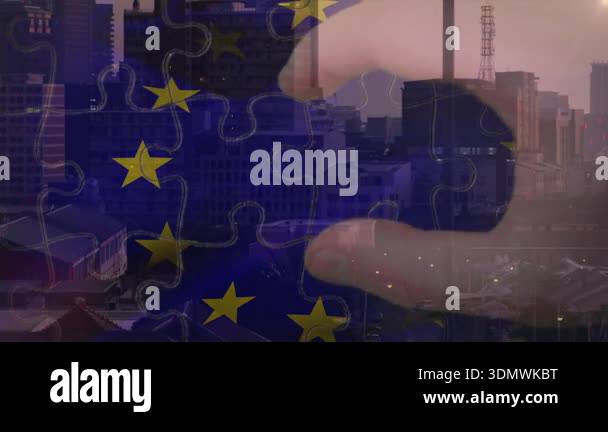 Showing twilight skyline fading EU puzzle missing piece until hand ...