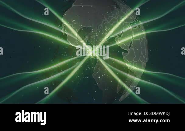 Green light appearing and emitting beams as rotating globe pulses ...