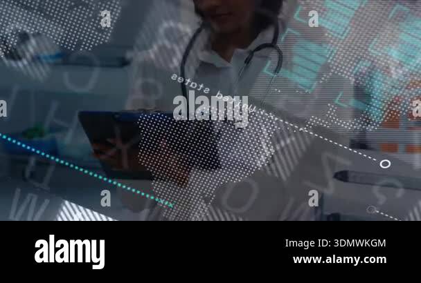 Map overlay appearing female doctor tapping tablet swiping stylus ...