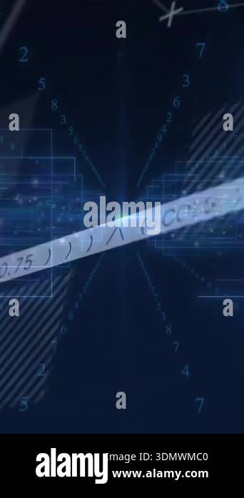 Mathematical equations and data visualization animation over dark blue ...