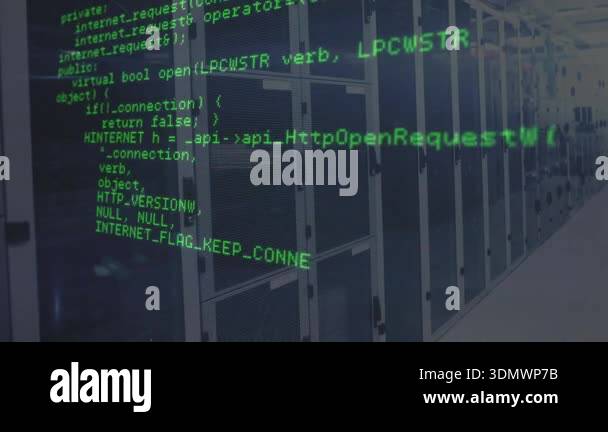 Frame-triggered green C++ overlay scrolling across racks showing ...