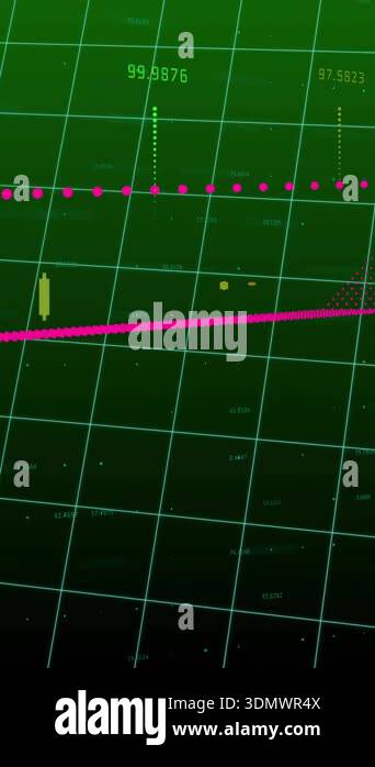 Red line graph fluctuating over green financial data chart with ...