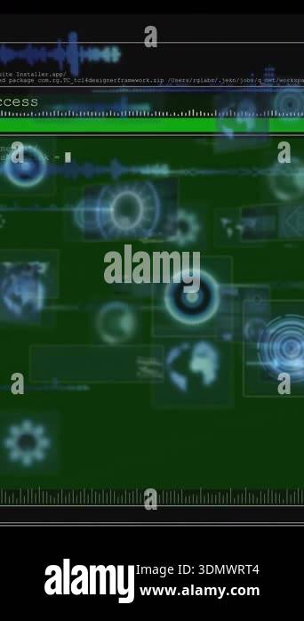 Digital data processing animation over green terminal screen with code ...