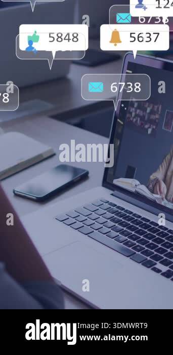 Watching animation on laptop, person in school receiving social media ...