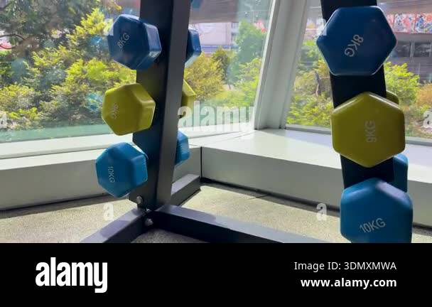 A camera smoothly circles a colorful dumbbell rack near a large window ...