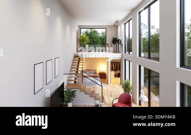 Animation of modern two-level home interior with mezzanine design 3d ...