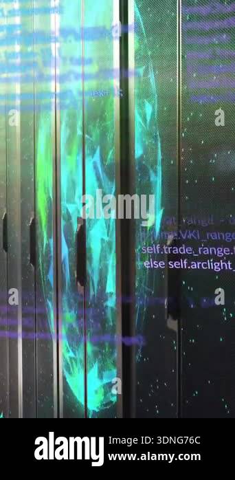 Animating computer code over servers in data center. Technology, coding ...