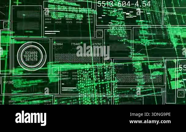 Code streams scrolling while panels forming, tables populating and ...