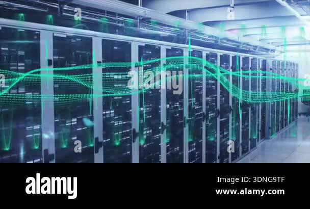 Server cabinets receiving network data animating waveforms pulsing ...