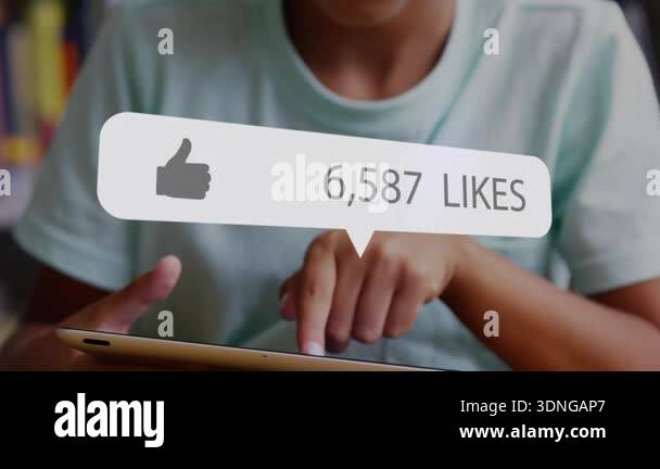 Child boy tapping tablet in home library and witnessing animated like ...