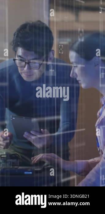 Animation of data processing over diverse man and woman working on ...