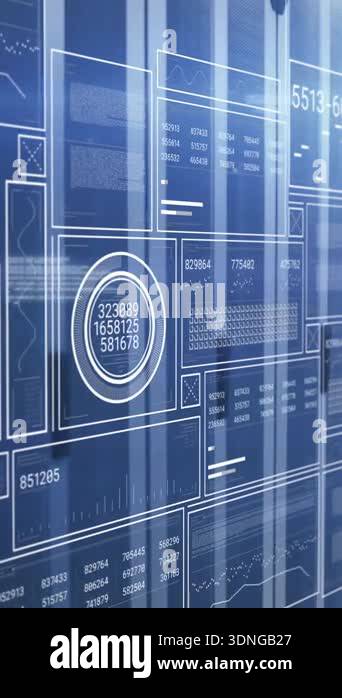 Data processing on interface screens over computer server room. Data ...