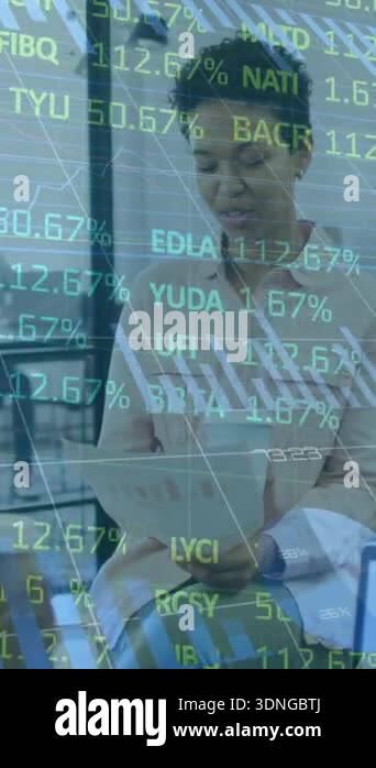 Animation of financial data processing over businesswoman working in ...