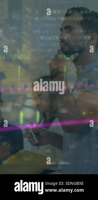 Animation of financial data processing over diverse business people ...