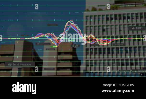 Turquoise grid appearing over skyline starting waveform rising, icons ...