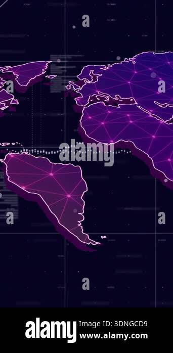 World map with network connections and data points animation over dark ...