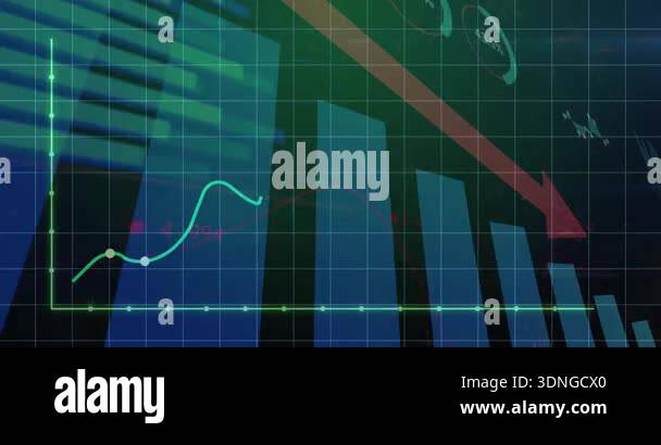 Grid overlay appearing, green line chart rising, bars appearing and ...