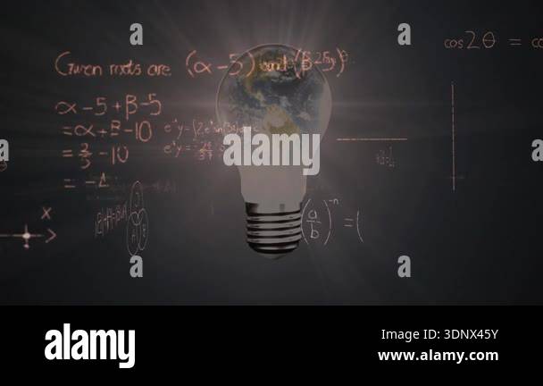 Fading lightbulb globe initiating chalking math formulas, graphs and ...