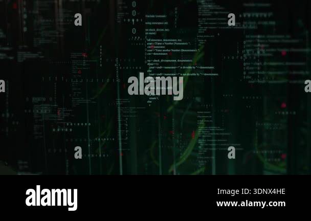 Code blocks fading in initiating data streams flashing red dots across ...
