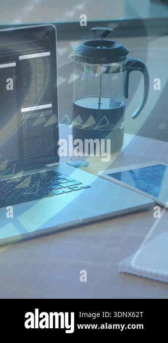 Person working on laptop with data processing animation over coffee and ...