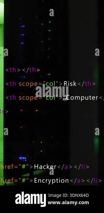 Computer code animation over server room with green lights. Technology ...