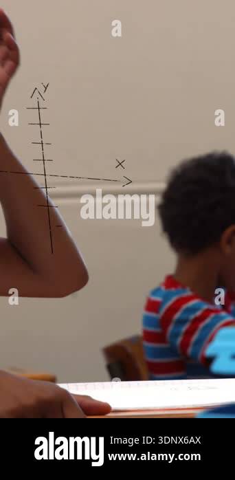 Animation of math formulas over african american children learning at ...