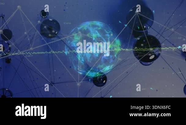 3D globe glowing and rotating causing nodes moving, lines forming to ...
