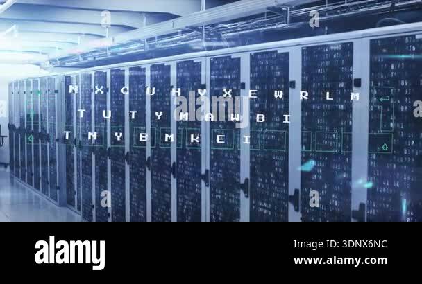 Alphanumeric grid fading above racks, shifting highlights isolating ...