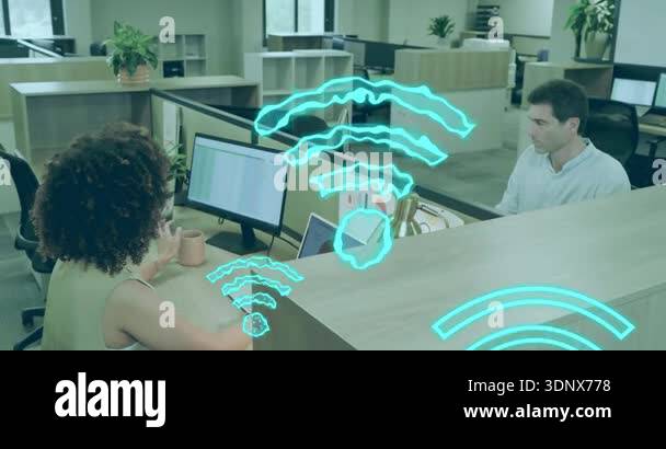 Business colleagues noticing animated Wi-Fi icons expanding above desk ...