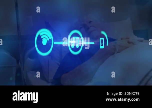 Senior female patient viewing pulsing phone icons upon icon appearing ...