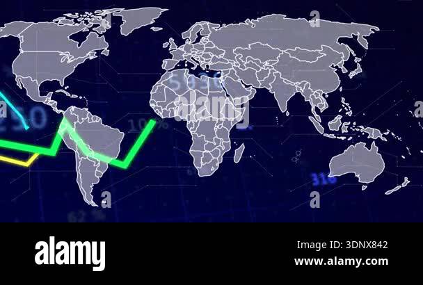 green line entering South America, arching across map; yellow, cyan ...