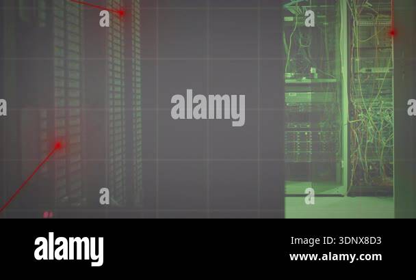 Grid overlay appearing causing red lasers scanning data center racks ...