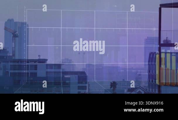 Static skyline starting grid fading in, plotting line rising bars ...