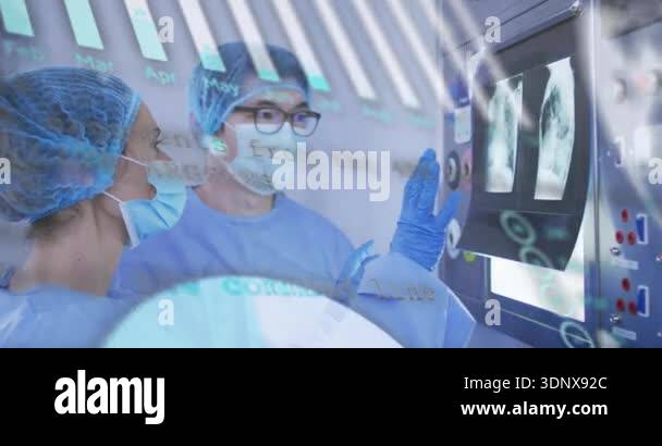 Medical team tapping panel and navigating animated charts over backlit ...