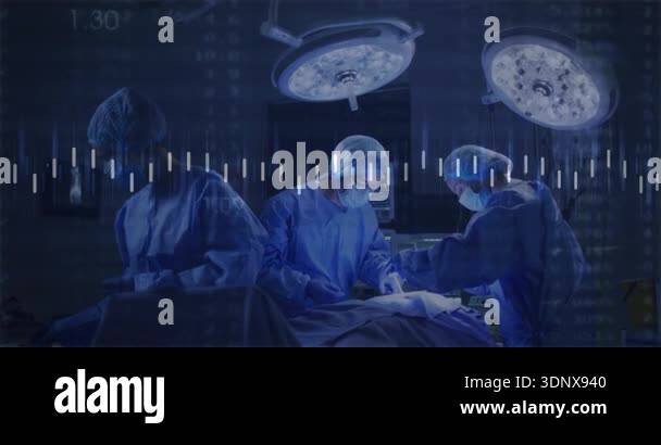 Surgical team making incision under lights prompted by pulsing bars ...