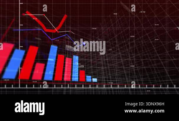 3D red and blue bars appearing initiating animation, fluctuating lines ...
